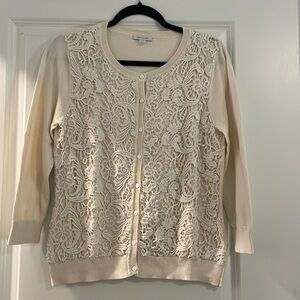 Garnet Hill cream cardigan with crotchet overlay
